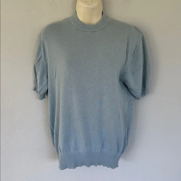 Vintage Manny’s Naples blue silk blend mock neck short sleeve sweater medium - Picture 2 of 12
